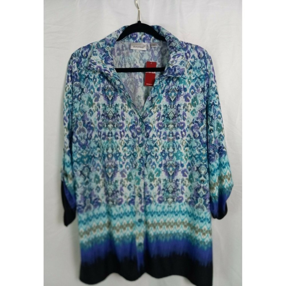 Avenue 18/20 XL Collared Leopard Tie-dye 3/4 Sleeve Button Down Shirt Blouse